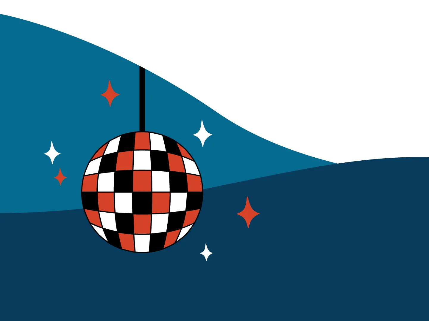 An illustration of a discoball spinning over a wave.
