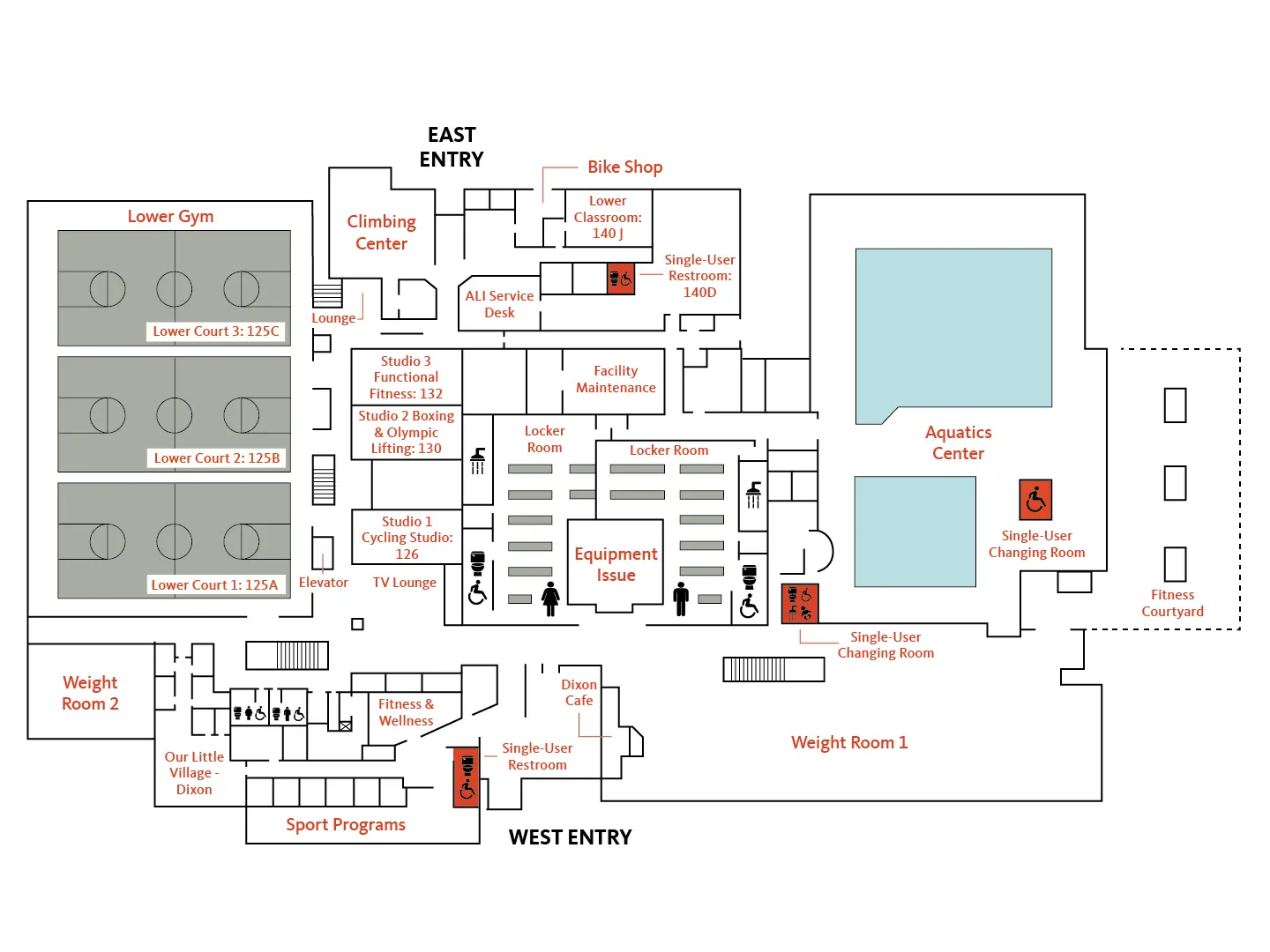 Map showing lower courts, climbing center, studios, locker rooms, weight rooms, aquatics center, and entries.