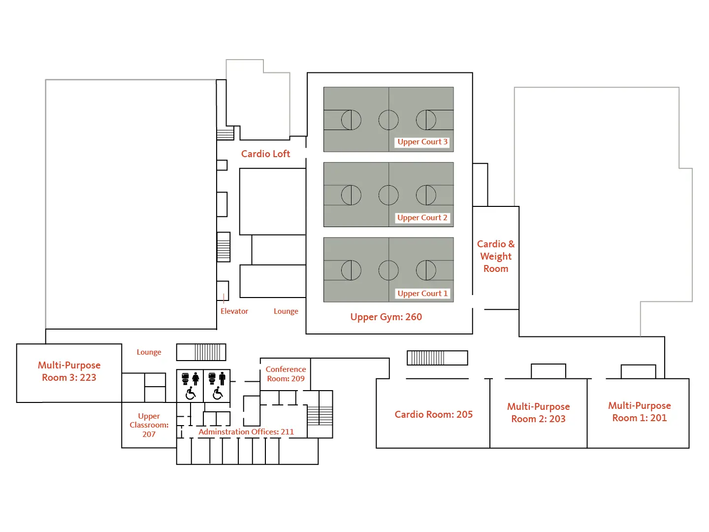 Map showing upper gym courts, cardio and weight areas, classrooms, offices, and multi-purpose rooms.